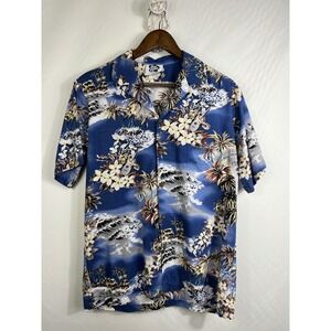 Hilo Hattie Mens Blue Tropical Scenic Hawaiian Aloha Shirt Medium Made in Hawaii